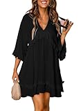 Dokotoo Womens Dress Summer Ruffle Short Sleeve Sundress V Neck Fall Dresses Tunic Dress Casual Party Loose Flowy Swing Shift Dress Holiday Outfits Mini Black Dress for Wedding or Graduation Small
