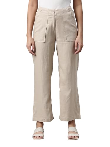 Image of GO COLORS Solid Linen Cargo Pants for Women | Full Length, Mid Rise, Side Pockets