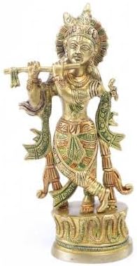 Lord Krishna Elegant Brass Multicolor Statue Decorative Showpiece - 23 cm (Brass, Gold, Red, Green)
