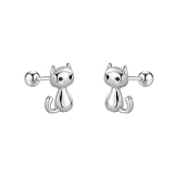 Cute 20g Cat S925 Sterling Silver Screw Back Cartilage Small Stud Earrings for Women Minimalist Lovely Pet Animal Tiny Helix Sleeper Earring Studs Nickel Free Hypoallergenic Jewelry Gifts (Silver)