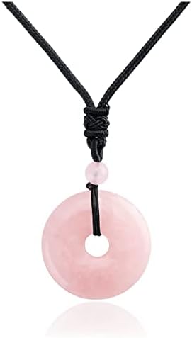 Jovivi 30mm Circle Donut Healing Crystals Necklace Natural Rose Quartz Semi-Precious Gemstone Stone Amulet Lucky Coin Donuts Protection Reiki Chakra Pendant Adjustable Rope