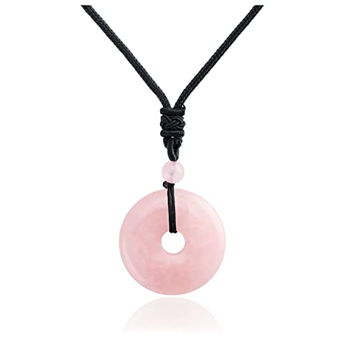 Jovivi 30Mm Circle Donut Healing Crystals Necklace Natural Rose Quartz Semi-Precious Gemstone Stone Amulet Lucky Coin Donuts Protection Reiki Chakra Pendant Adjustable Rope #TOP8