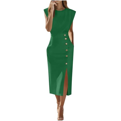 HGps8w Women's Wedding Guest Sheath Dresses Sleeveless Elegant Button Decor Side Slit Work Pencil Midi Dress with Pockets