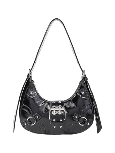 QWINEE Women's Y2k Studded Shoulder Bag Buckle Zipper Handbag PU Leather Underarm Bag Purse Clutch Black One Size
