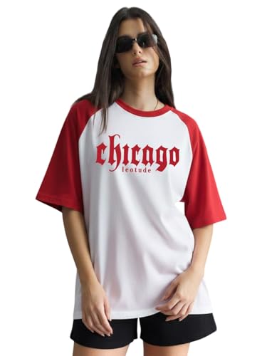 Image of LEOTUDE Half Sleeve Cottonblend Oversized Tshirt for Women, Round Neck Longline Printed Raglan Sleeve Colourblocked Drop Shoulder Baggie T-Shirt Top for Woman (Color Pink)