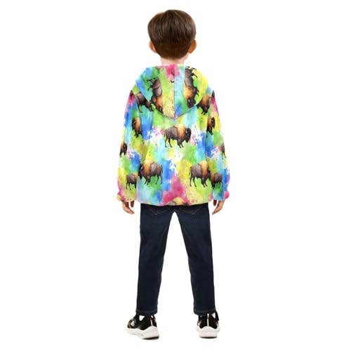 Colorful Bison Abstract Toddler Fleece Jacket Girl Boys Hooded Fleece Jacket Coat Warm Outwear Zip-up 3-10T4