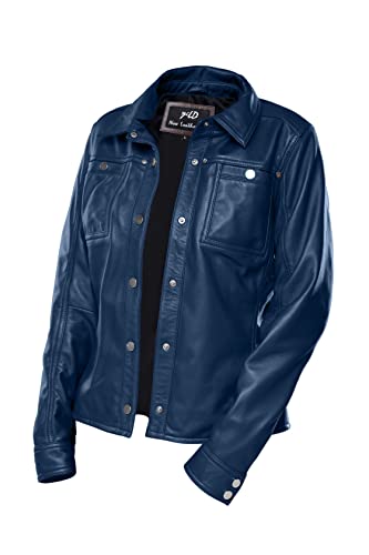 Womens Button Front Lambskin Leather Jacket Shacket - Casual Shirt Long Sleeve Leather Jacket Women With Bust Pocket (Blue-L) #TOP2