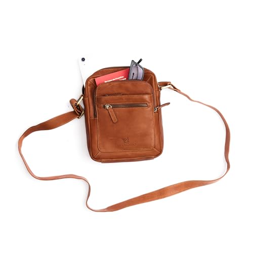 DE LAMASSU Nico Echtleder Umhängetasche, 20×6,5×24 cm, Unisex Schultertasche für iPad Mini, Vintage-Design, Schwarz (Cognac)