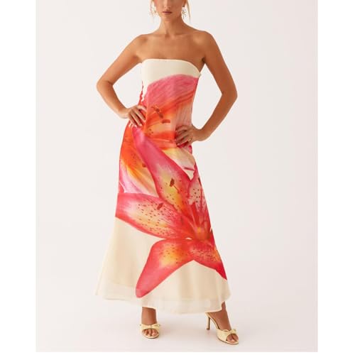 Image of Zwirelz Women Strapless Maxi Dress Boho Floral Print Flowy Long Tube Dress Off Shoulder Loose Beach Sundress