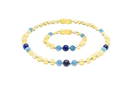 Genuine Amber Necklace and Bracelet from Baltic Sea Made with Unpolished Lemon Aquamarine and Lapis Lazuli 34 cm (13.4 & 5.9 Inches)