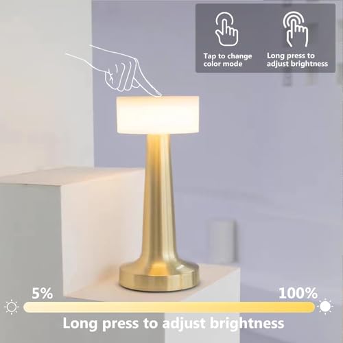 Image of Golden White Round Table Lamp 3 Color Modes Warm Cool Natural Light, Adjustable Brightness, 1200mAh Rechargeable Battery,Portable Light for Bedroom Bedside Desk Home Decor Use with Touch Sensor