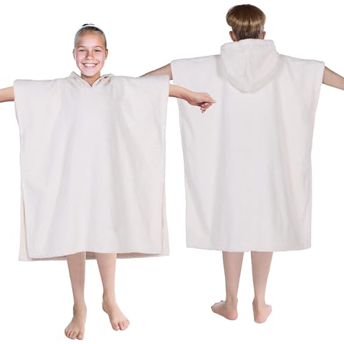 Image of Superior Kids Cotton Terry Poncho, Soft, Absorbent Bath Towel with Hood, Bathroom Accessories, Long, Plush Bathrobes for Bath, Shower, Spa, Resort, Hotel, Beach, Pool, Boy, Girl, Large Size, Ivory