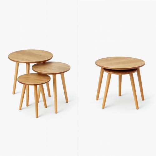 FendiHome Rustic Wooden Round Nesting Tables – 3-Piece Coffee Side Table Set with Sturdy Wooden Legs for Living Room, Bedroom & Office