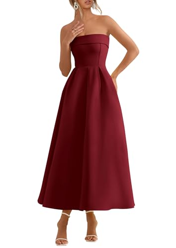 PRETTYGARDEN Cocktail Dresses for Women 2026 Summer Formal Elegant Tube Top Strapless Spring Wedding Guest Party Midi Dress(Burgundy,Medium)