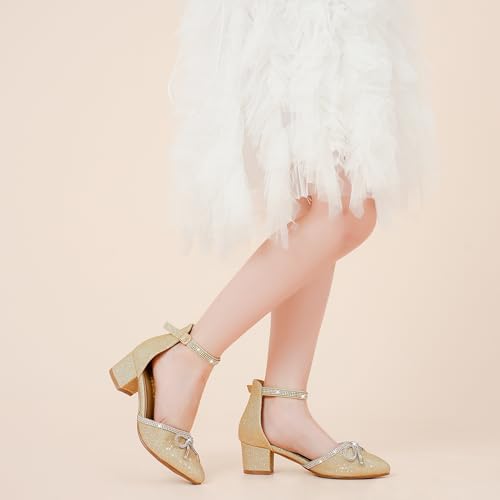 Image of LAURMOSA Girls Sandals Closed Toe High Heels Pointed Toe Ankle Strap Pumps Flower Girl Dressy Shoes in Wedding Party Cute Bowknot Chunky Block Heeled for Little Big Kids