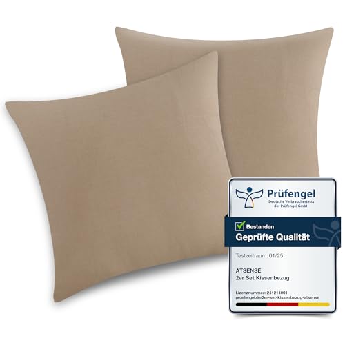 ATsense 2er Set Kissenbezug 40x40 cm - 100% Gewaschene Baumwolle Hypoallergenes Kissenbezüge, Khaki Kopfkissenbezug mit Reißverschluss, Oeko-TEX Zertifiziert, Weich und Atmungsaktiv