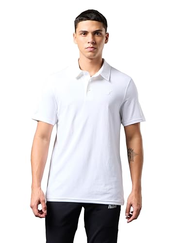 Image of TECHNOSPORT Men's Solid Slim Fit Polo Collar T-Shirt COTFLEX Half Sleeve Button Polyester for Gym Running Workout UPF50+ Anti Odour