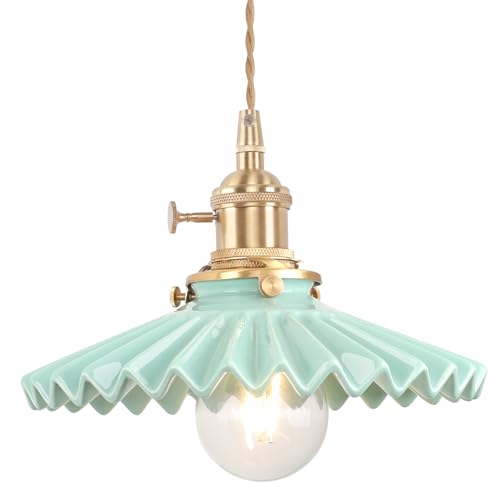 Image of Shenmoyl Pendant Light with Green Pleated Ceramic Lmapshade, Brass Vintage Pendant Light Adjustable Hanging Light for Kitchen Island Dining Room Hallway