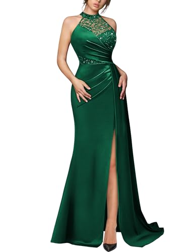 Miusol Women's Sexy Halter Sequin Lace Satin High Split Ruched Style Evening Party Maxi Dress...