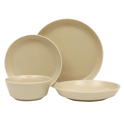 Image of Gibson Home Summer Shades 16 Piece Plates and Bowls Dishes Service for 4 Porcelain Dinnerware Set - Taupe