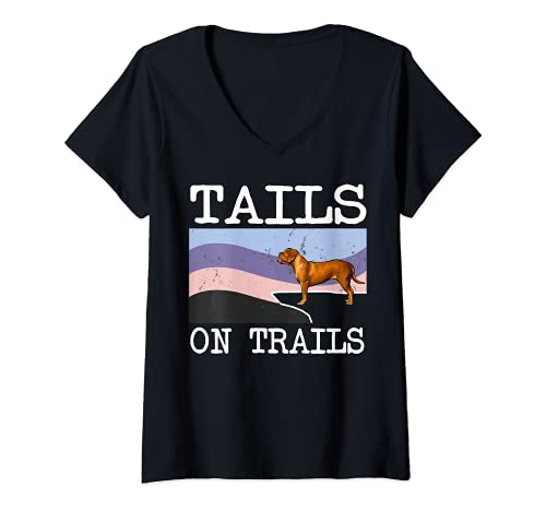 Womens Dogues de Bordeaux Tails On Trails Funny Dog Hiking V-Neck T-Shirt, Black