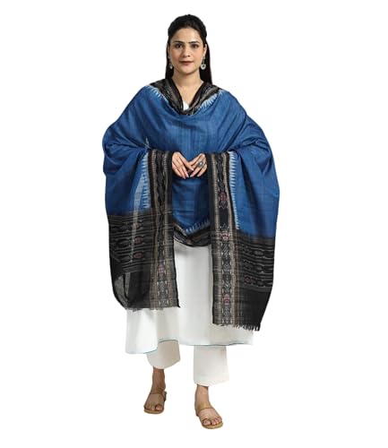 Image of Cotton Dupatta with weaving and Ikat woven border from the Weavers Stole for Girls & Women