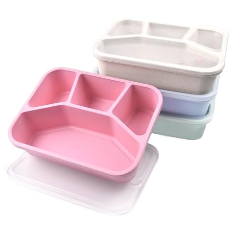AKIRO 4 Pack Bento Lunch Box, 4 Compartment Lunch Containers, No BPA, Reusable Food Storage Containers with Transparent Lids (Green/Blue/Pink/Beige) Cover
