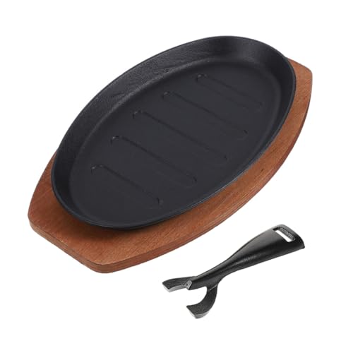 GOOHOCHY Cast Iron Fajita Sizzling Pan Non Stick BBQ Steak Plate for Indoor Grill with Even Heat Distribution Versatile Cooking for Meat Vegetables Seafood Family Serving Board