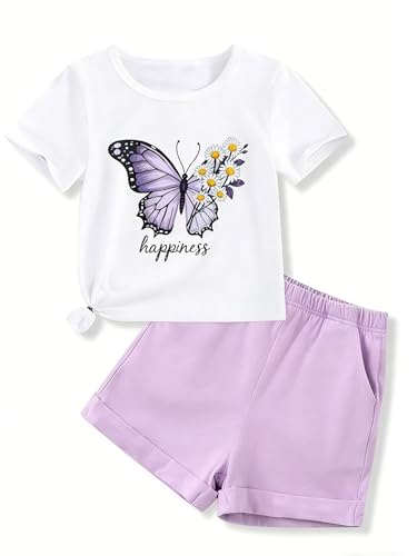 KIDLAGA Girl Clothes Summer Fashion Butterfly Printed Short-Sleeve T-Shirt and Shorts Clothing Girls 2 Piece Outfits Sets 7-8 Years