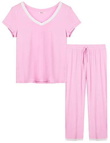 Joyaria Pyjama Damen 3/4 Hose Leicht Pyjama Set Baumwolle (Rosa,Größe XL) Cover