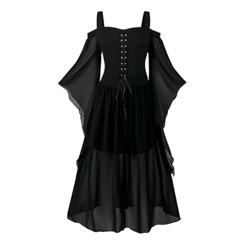 Damen Mittelalter Kostüm Gothic Kleid Mit Trompetenärmel Renaissance Kostüm Korsett Viktorianisches Kleid für Halloween Party (Schwarz, XL)
