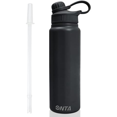ONTA Insulated Water Bottle - 28 OZ, Straw Lid, Vacuum Insulated Stainless Steel, Travel Cup, Thermos Mug Leakproof Keep Drinks Hot Cold for Bike Camping Sports Gym Adult Women Men (Black) Cover