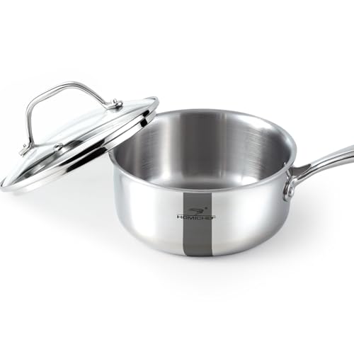 HOMICHEF Mirror Polished NICKEL FREE Stainless Steel 1.5 Quart / 6.5 Inch Sauce Pan with Glass Lid (No Toxic Non Stick Coating Whole-Clad 3-Ply) Soup Pot Small Cooking Pot