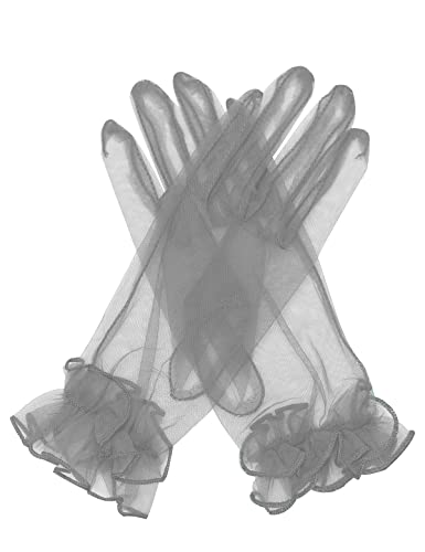 QRBTSCL Womens Short Mesh Gloves Ruffled Tulle Wedding Party Gloves Short Prom Evening Glove Silver