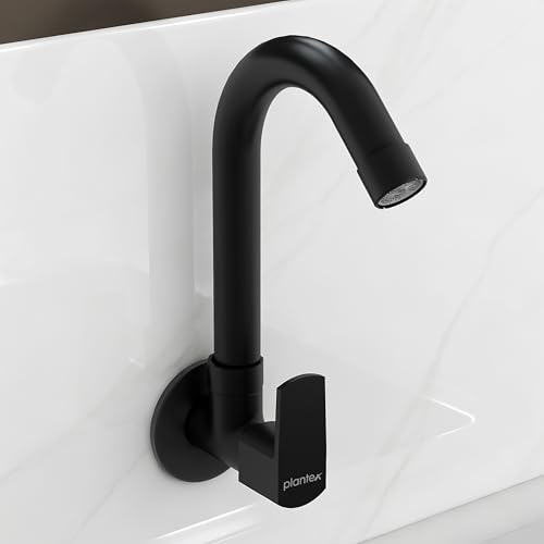 Image of Plantex Single Lever Kitchen Sink Tap with Water Saving Aerator and Brass Spindle Tap /Quarter Turn Sink tap for Kitchen Basin with Wall Flange and Teflon Tape (Saga-Black)