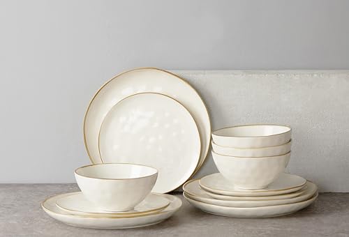 Famiware Dinnerware Sets for 4, Ocean Round 12-Piece Kitchen Plates and Bowls Sets, Microwave and Dishwasher Safe, Scratch Resistant, Vanilla White - Image 4