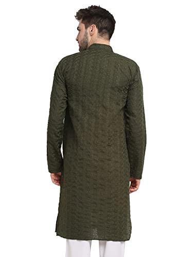 Image of Jompers Men Green Ethnic Embroidered Pure Cotton Kurtas.