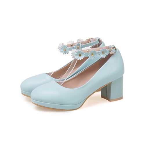 Women’s Cute Platform Ankle Strap Pumps Lolita Princess Round Closed Toe Mid Heels Chunky Buckle Flower Wedding Party Dress Fashion Comfortable Block Heeled Girls Shoes2