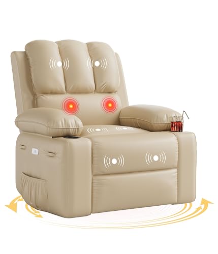 GarveeHome Oversized Electric Recliner Chair - 360° Rocker Swivel Recliner with Heat and Massage, PU Leather Large Recliner for Adults, Comfortable Lazy with 1.5X Sponge Filling for Living Room