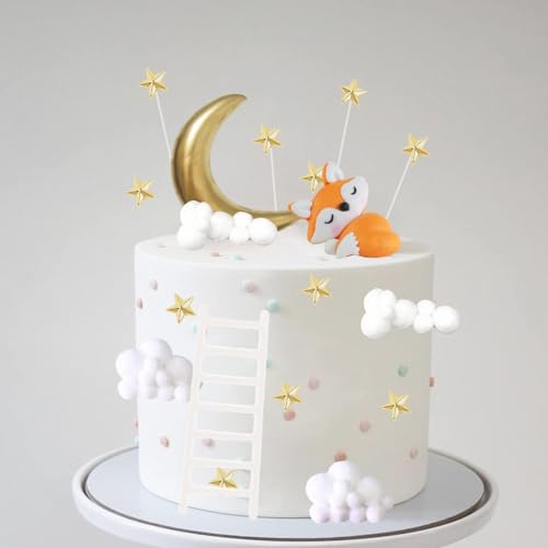Cake Decoration Birthday, Foxes Cake Decoration Birthday, White Cloud Cake Topper, Cake Topper Birthday with Cloud, Stars, Moon, Ladder, Fox, for Girls Boys Birthday Party