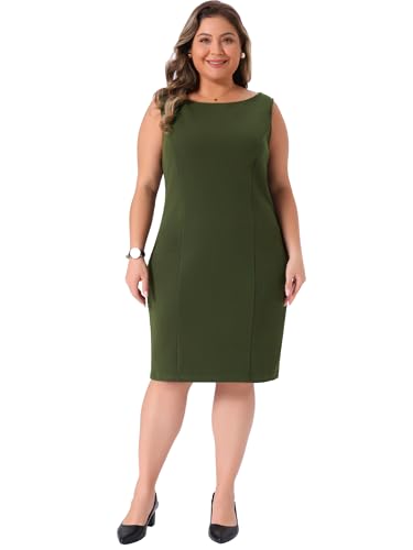 Image of Agnes Orinda Plus Size Sheath Dress for Women Sleeveless Boat Neck Casual Straight Pencil Work Dresses