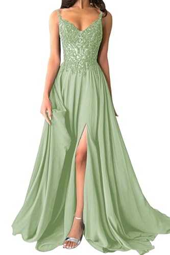Damen Chiffon Ballkleider Spaghettiträger Spitzenapplikationen Abendkleider Elegant für Hochzeit A-Linie Ballkleid mit Schlitz