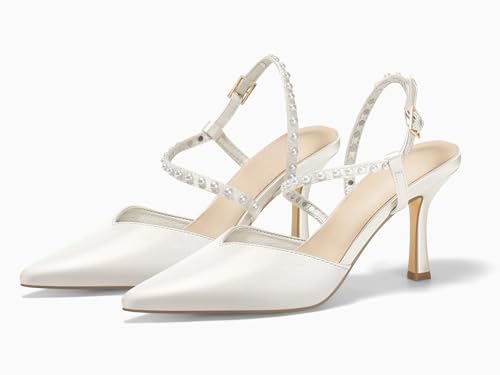 Coutgo Womens Pearl High Heels Closed Pointed Toe Wedding Bride Dress Shoes Ankle Strap Satin Pumps4