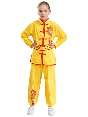 Mufeng Bambino Uniformi di Kung Fu Tang Suit Abiti Cinesi di Tai Chi Abbigliamento per Arti Marziali Camicia Cappotto Costume da Spettacolo Teatro Giallo 13-14 anni