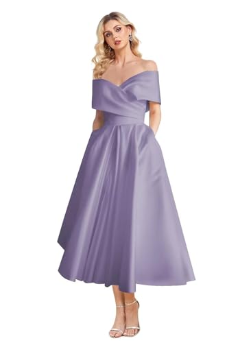 Image of Women's Off Shoulder Wedding Dress for Bride Tea Length A Line Satin Formal Prom Dresses with Pockets