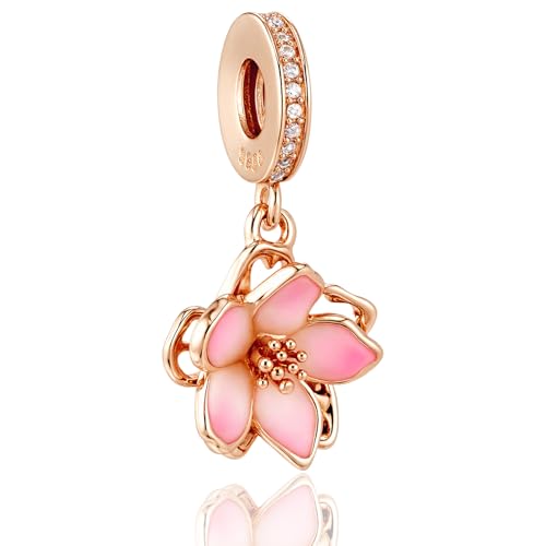 Rose Gold Sakura Cherry Blossom Dangle Charm for Pandora Bracelets and Necklaces - 925 Sterling Silver Cherry Blossom Bead Charm with Paved CZ Stone Loop Elegant Floral Romantic Jewelry Gift for Women