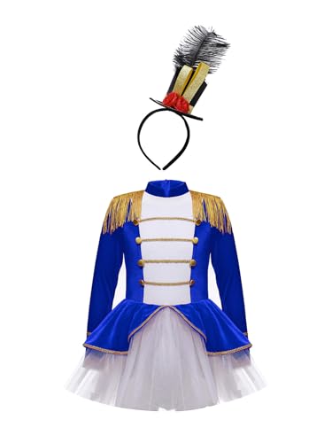 Hedmy Disfarce de mestre de cerimónias circo de luxo para menina disfarce majorette de banda vestido balé de tule de manga comprida com borlas e diadema 3-14 anos azul real 5-6 anos