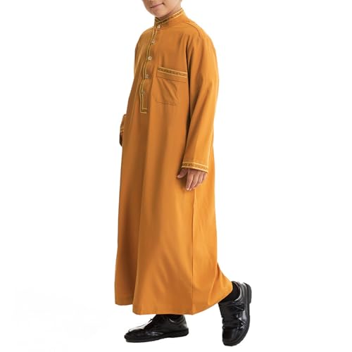 Teen Boys Islamic Thobe Solid Muslim 𝐑obe Long Sleeve Islamic Arabic Thobe Traditional Muslim Clothing Prayer Outfits3