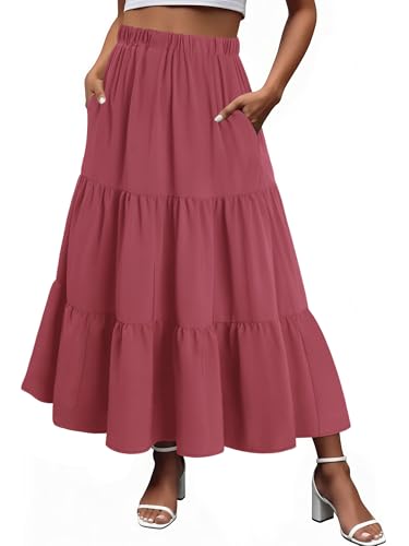 Magritta Women's Maxi Skirt with Ruffle Hem Elastic Waist A-Line Cut Tiered Layer Boho Dress Rose Red XX-Large
