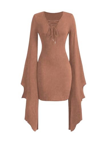 Floerns Women's Gothic Bell Long Sleeve V Neck Lace Up Short A
